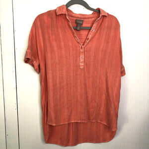 Chicos Top Womens 1 M Popover High Low Hem Cuffed Sleeves Orange Linen Blend